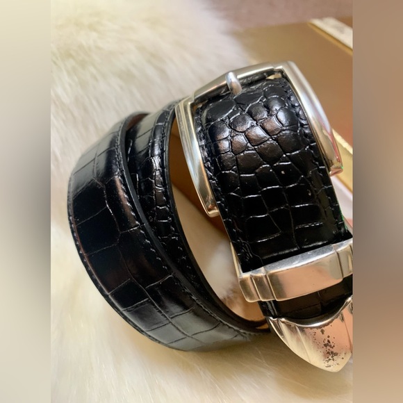 🧿Tasso Elba Classic Black Italy Leather Silver Buckle Men\'s Belt.🧿#ELLA